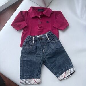 Baby kid top polo Red + jeans elastic belt 1/3 months Burberry boys